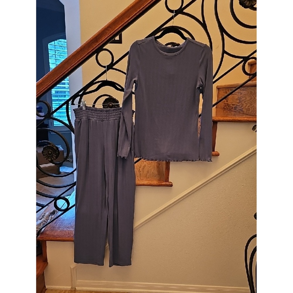Awhile Blue Pointelle Rib Knit Lounge Set Long Sleeve Top & Wide Leg Pants S